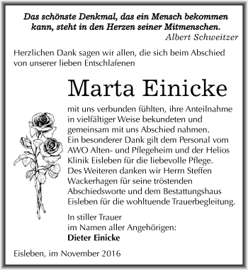 Traueranzeige von Marta Einicke von Mitteldeutsche Zeitung Mansfelder Land
