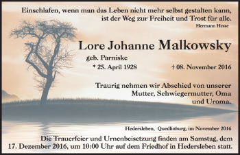 Traueranzeige von Lore Johanne Malkowsky von Mitteldeutsche Zeitung Quedlinburg
