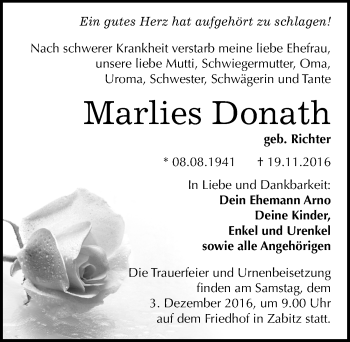 Traueranzeige von Marlies Donath von Mitteldeutsche Zeitung Köthen