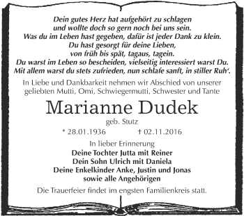 Traueranzeige von Marianne Dudek von WVG - Wochenspiegel Dessau / Köthen
