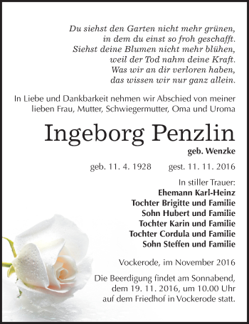 Traueranzeige von Ingeborg Penzlin von Mitteldeutsche Zeitung Wittenberg