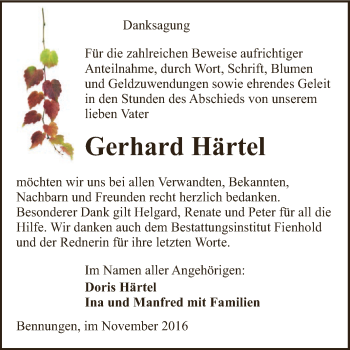 Traueranzeige von Gerhard Härtel von WVG - Wochenspiegel SGH