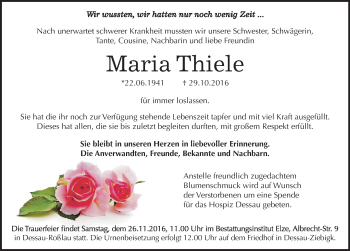 Traueranzeige von Maria Thiele von Mitteldeutsche Zeitung Dessau-Roßlau