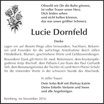 Traueranzeige von Lucie Dornfeld von WVG - Wochenspiegel Wittenberg