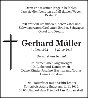 Traueranzeige von Gerhard Müller von WVG - Wochenspiegel Dessau / Köthen