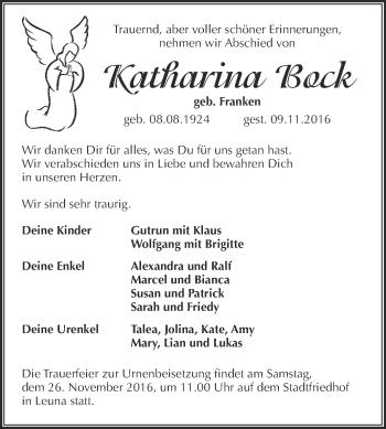 Traueranzeige von Katharina Bock von Super Sonntag Merseburg