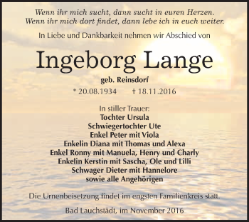 Traueranzeige von Ingeborg Lange von WVG - Wochenspiegel Merseburg