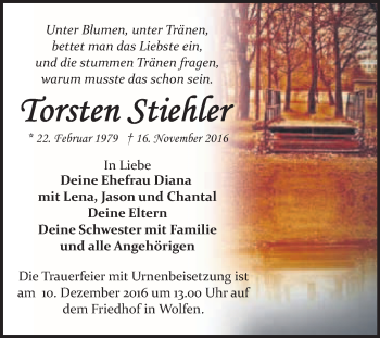 Traueranzeige von Torsten Stiehler von WVG - Wochenspiegel Bitterfeld