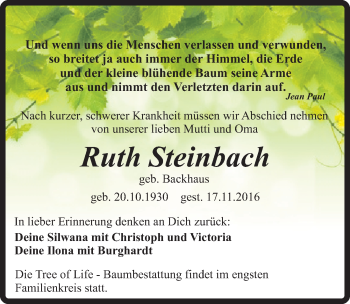 Traueranzeige von Ruth Steinbach von Mitteldeutsche Zeitung Quedlinburg