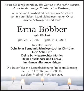 Traueranzeige von Erna Böbber von Mitteldeutsche Zeitung Bitterfeld
