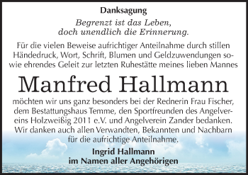 Traueranzeige von Manfred Hallmann von Mitteldeutsche Zeitung Bitterfeld