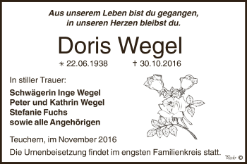 Traueranzeige von Doris Wegel von WVG - Wochenspiegel NMB / WSF / ZTZ