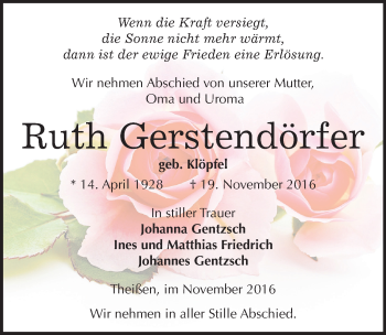 Traueranzeige von Ruth Gerstendörfer von Mitteldeutsche Zeitung Zeitz