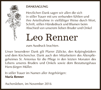 Traueranzeige von Leo Renner von Super Sonntag Aschersleben