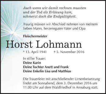 Traueranzeige von Horst Lohmann von WVG - Wochenspiegel Wittenberg
