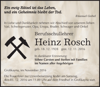 Traueranzeige von Heinz Rosch von Mitteldeutsche Zeitung Merseburg/Querfurt