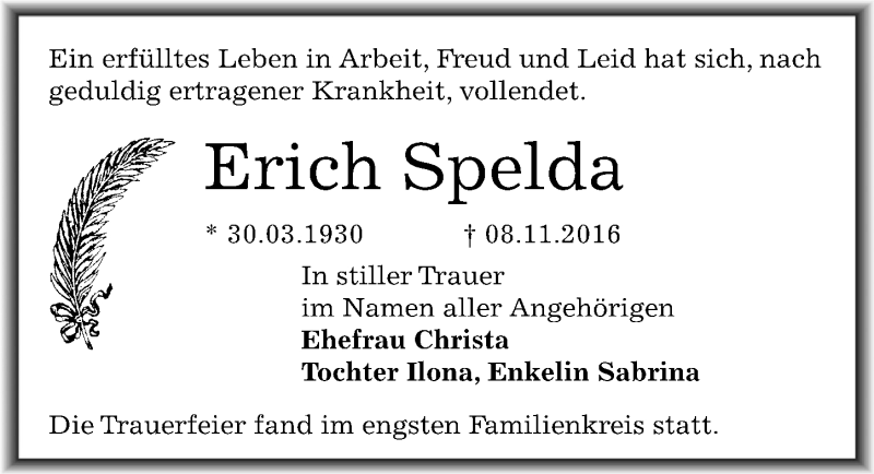  Traueranzeige für Erich Spelda vom 26.11.2016 aus Mitteldeutsche Zeitung Dessau-Roßlau