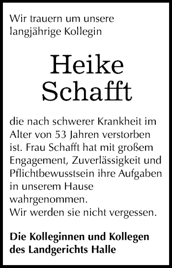 Traueranzeige von Heike Schafft von Mitteldeutsche Zeitung Halle/Saalkreis