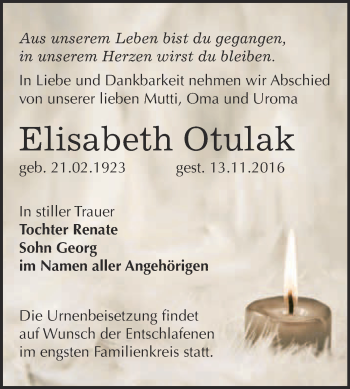 Traueranzeige von Elisabeth Otulak von WVG - Wochenspiegel Bitterfeld