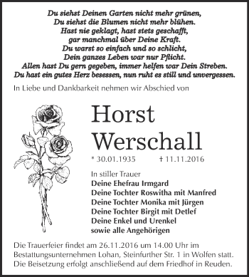 Traueranzeige von Horst Werschall von WVG - Wochenspiegel Bitterfeld