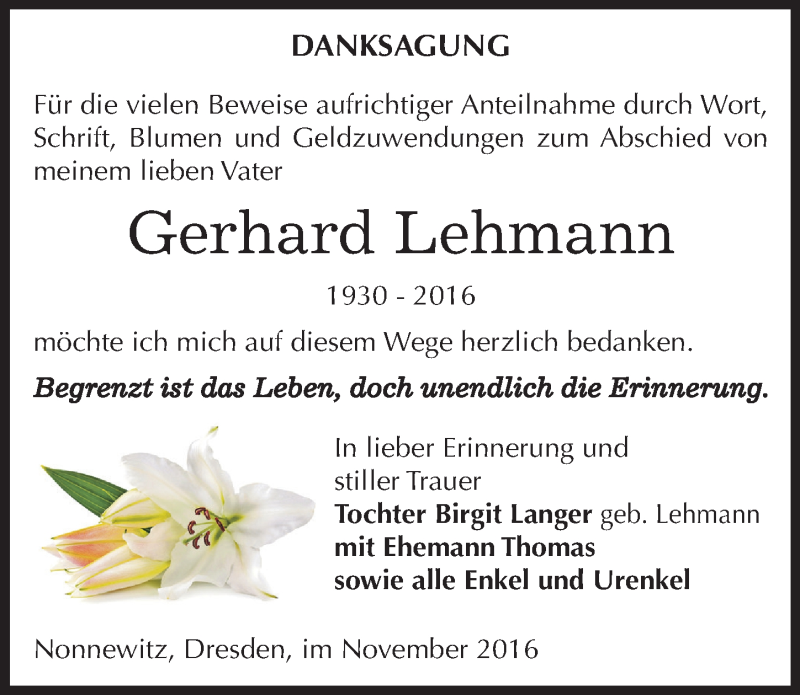  Traueranzeige für Gerhard Lehmann vom 19.11.2016 aus Mitteldeutsche Zeitung Zeitz