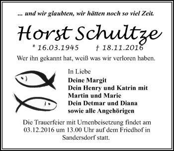 Traueranzeige von Horst Schultze von Mitteldeutsche Zeitung Bitterfeld