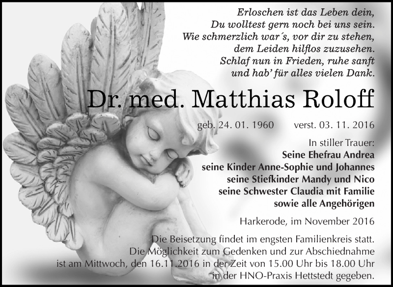  Traueranzeige für Matthias Roloff vom 12.11.2016 aus Super Sonntag SGH Mansf. Land