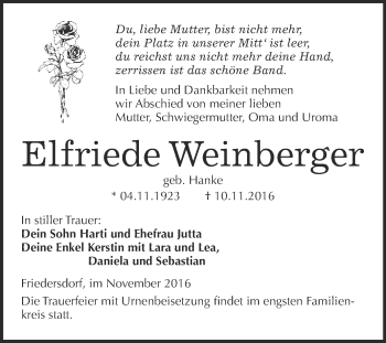 Traueranzeige von Elfriede Weinberger von WVG - Wochenspiegel Bitterfeld