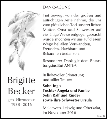 Traueranzeige von Brigitte Becker von Super Sonntag Zeitz