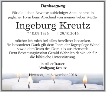 Traueranzeige von Ingeburg Kreutz von Mitteldeutsche Zeitung Mansfelder Land