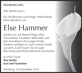 Traueranzeige von Else Hammer von Super Sonntag Bernburg