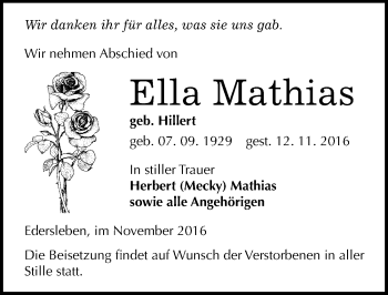 Traueranzeige von Ella Mathias von Mitteldeutsche Zeitung Sangerhausen
