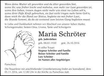 Traueranzeige von Maria Schröter von WVG - Wochenspiegel NMB / WSF / ZTZ
