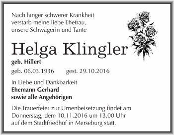 Traueranzeige von Helga Klingler von WVG - Wochenspiegel Merseburg