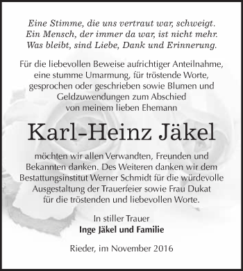 Traueranzeige von Karl-Heinz Jäkel von WVG - Wochenspiegel Quedlinburg