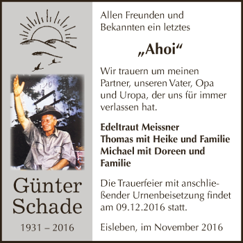 Traueranzeige von Günter Schade von Wochenspiegel Mansfelder Land