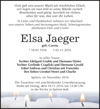 Traueranzeige von Elsa Jaeger von Mitteldeutsche Zeitung Bitterfeld