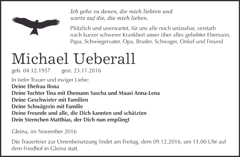  Traueranzeige für Michael Ueberall vom 30.11.2016 aus WVG - Wochenspiegel NMB / WSF / ZTZ