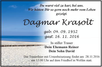 Traueranzeige von Dagmar Krasolt von WVG - Wochenspiegel Bitterfeld