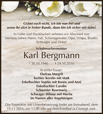Traueranzeige von Karl Bergmann von Super Sonntag Bernburg