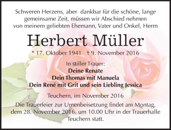 Traueranzeige von Herbert Müller von Mitteldeutsche Zeitung Weißenfels