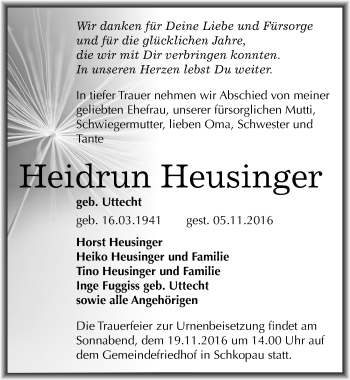 Traueranzeige von Heidrun Heusinger von Mitteldeutsche Zeitung Merseburg/Querfurt