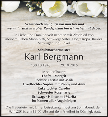 Traueranzeige von Karl Bergmann von Mitteldeutsche Zeitung Bernburg