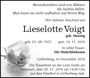 Traueranzeige von Lieselotte Voigt von Mitteldeutsche Zeitung Sangerhausen