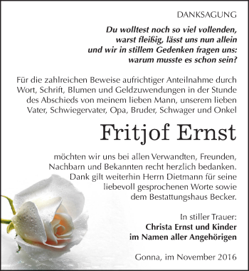 Traueranzeige von Fritjof Ernst von Mitteldeutsche Zeitung Sangerhausen