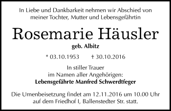 Traueranzeige von Rosemarie Häusler von Mitteldeutsche Zeitung Dessau-Roßlau