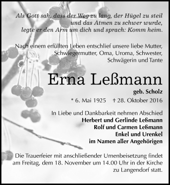 Traueranzeige von Erna Leßmann von Mitteldeutsche Zeitung Zeitz