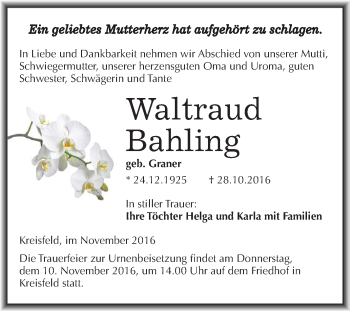Traueranzeige von Waltraud Bahling von Super Sonntag SGH Mansf. Land