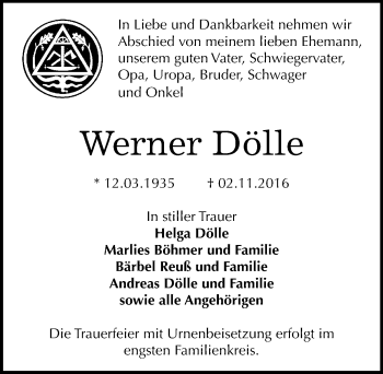 Traueranzeige von Werner Dölle von Mitteldeutsche Zeitung Bernburg