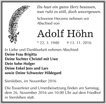 Traueranzeige von Adolf Höhn von Mitteldeutsche Zeitung Mansfelder Land